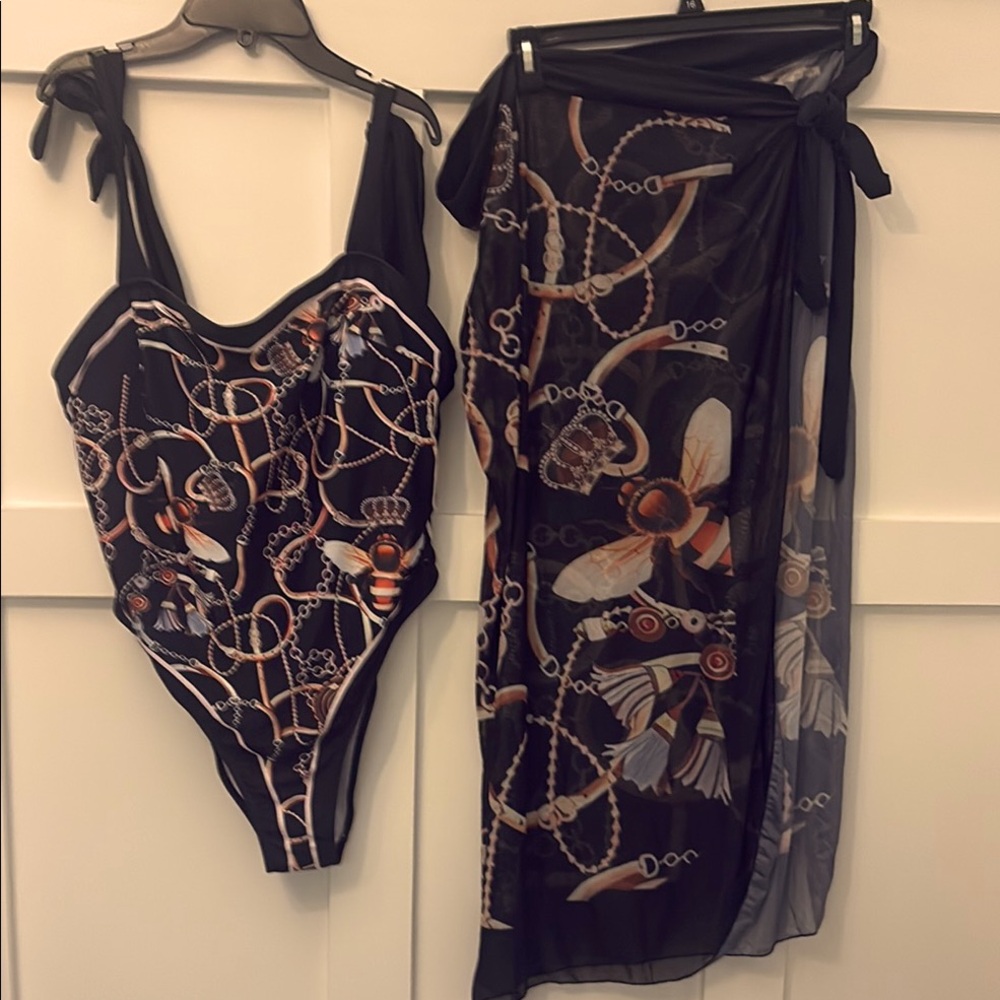Black Chain & Bee Print One-Piece Swimsuit with Matching Sarong worn once